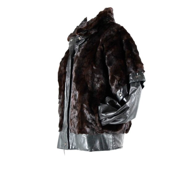 Goldwaters Sz L Black Brown Mink Fur Snap Off Sleeves Button VTG Leather Jacket